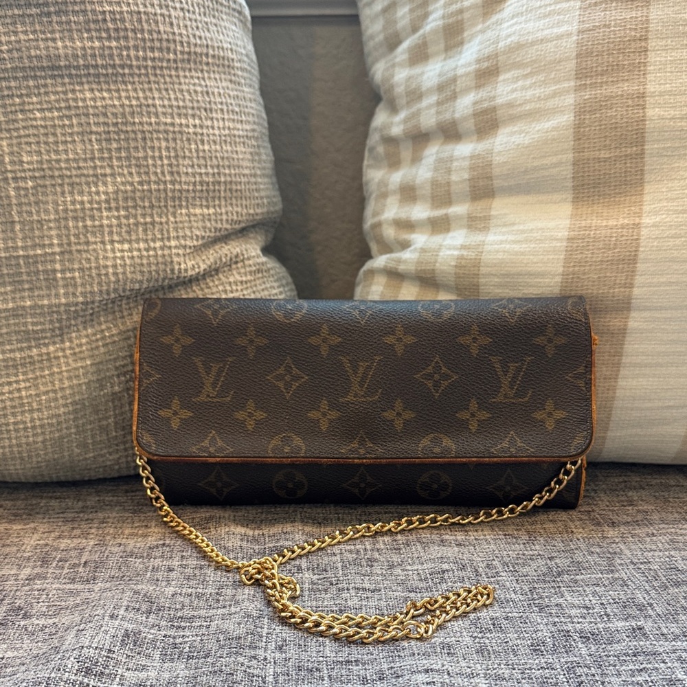 Louis Vuitton Dark Brown Monogram Clutch with Gold Chain